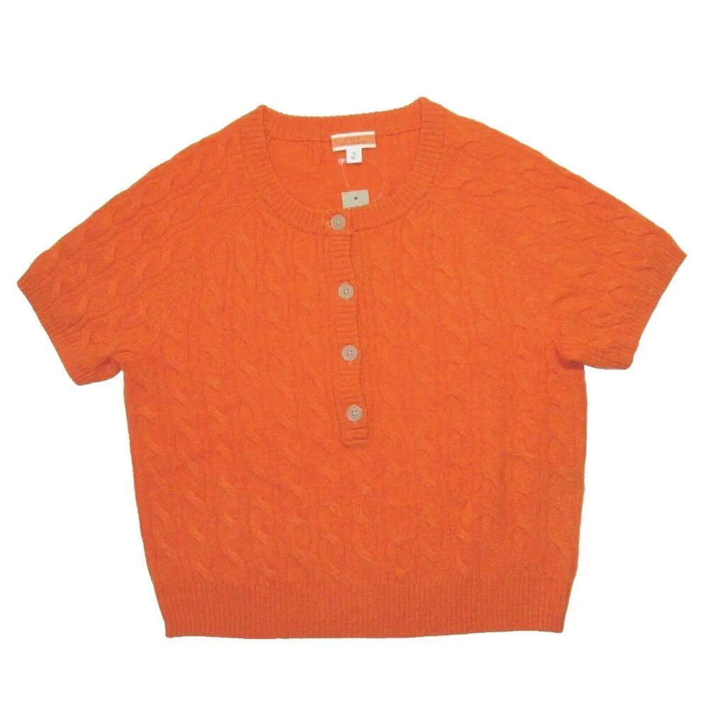 NWT J.Crew Cashmere Cable-knit Henley T-shirt in Heather Pumpkin Sweater S